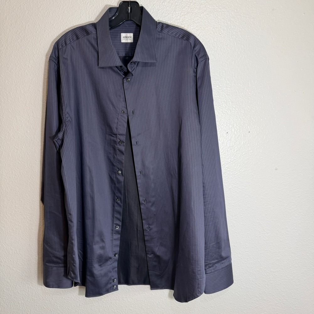 Armani Collezioni Mens Navy Blue Pinstripe Cotton Dress Shirt Size 17 L Long Slv
